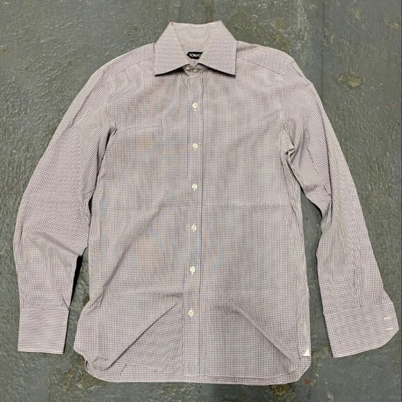 TOM FORD Lavender White Cotton Micro Gingham Button Up Shirt - Picture 1 of 9